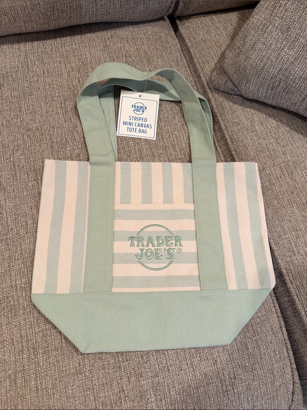 Trader Joe’s Summer Striped Mini Canvas Tote Bags- set of 3- blue green & tan - Picture 4 of 6